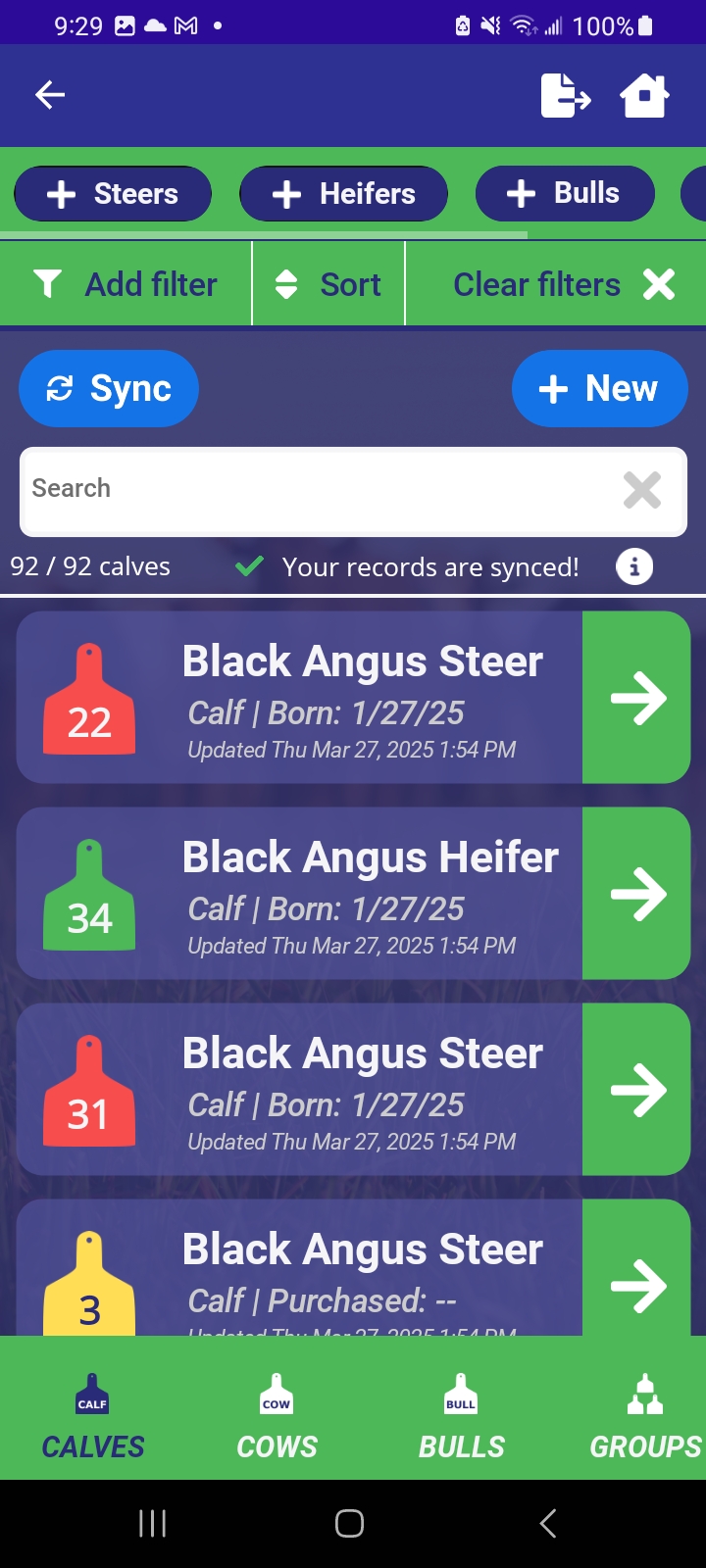 Calf Keeper calves list view